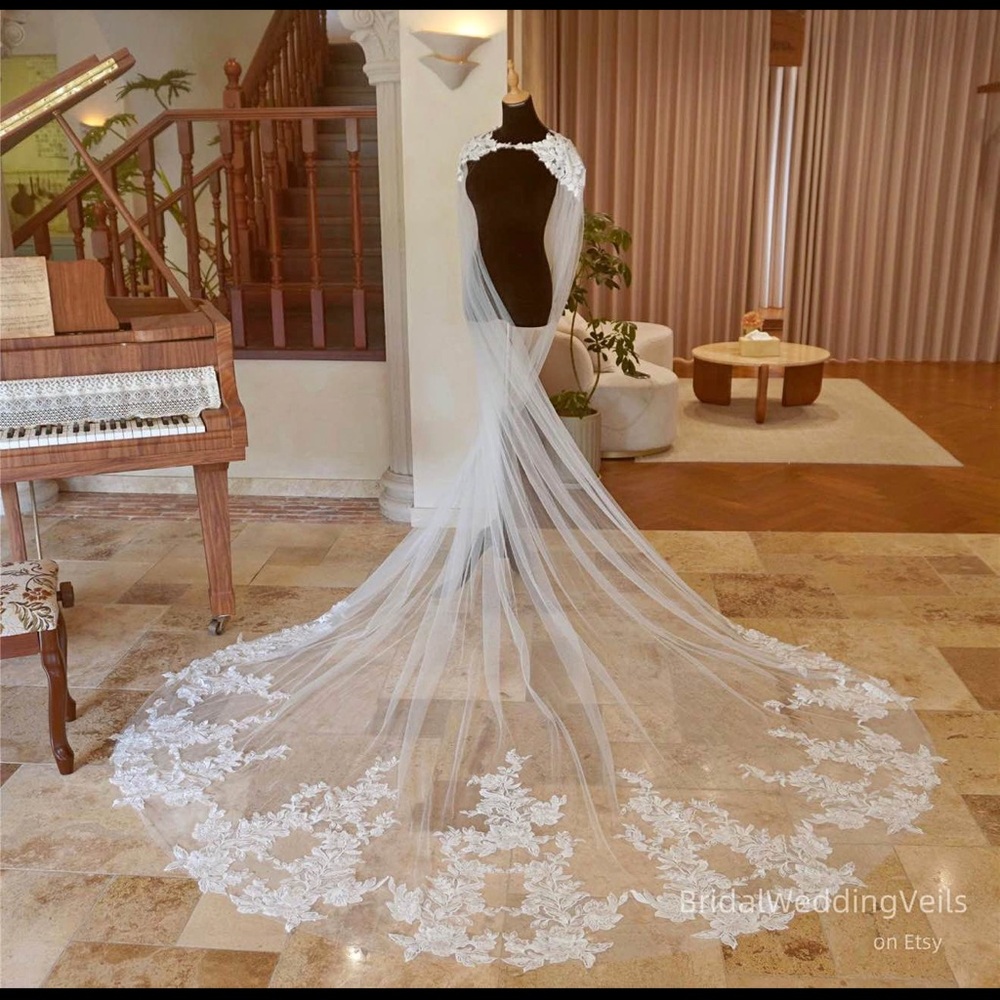 Elegant White Bridal Veil cape with Lace Details